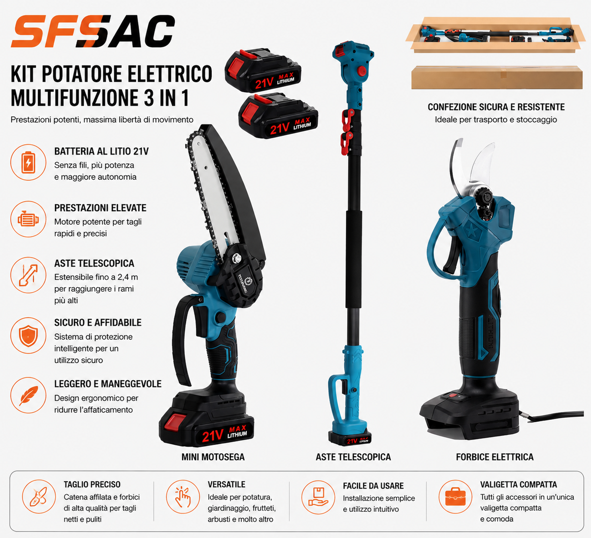 Kit Potatura a Batteria 3 in 1 – Mini Motosega, Forbici Elettriche e Asta Telescopica per Giardino e Alberi da Frutto